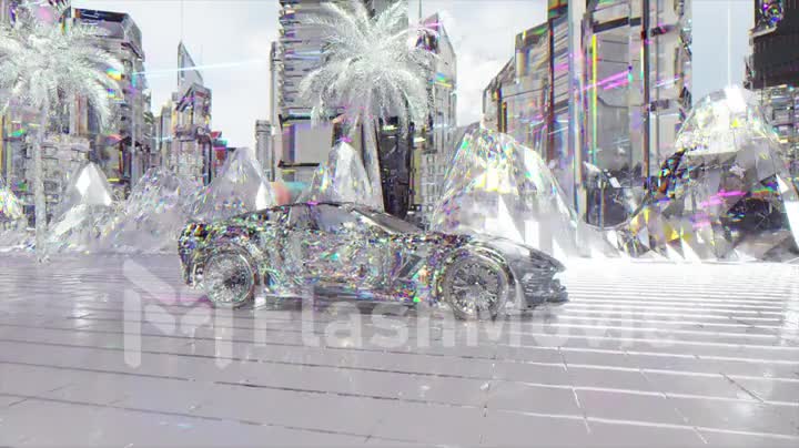 Futuristic concept. The diamond sports car drives through the diamond city. Road. Travel. 3d animation of seamless loop