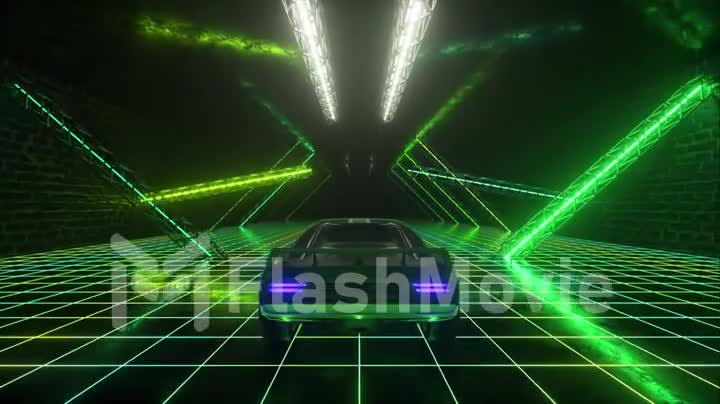 3d cyberpunk retro style. Synthwave. The car is driving in the neon tunnel. Seamless loop 3d render