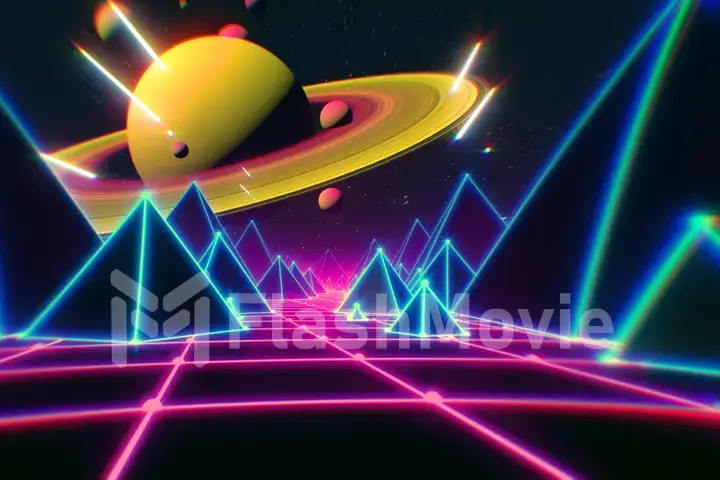 Retro futuristic flight over grid,3d illustration background 80s retro fantasy