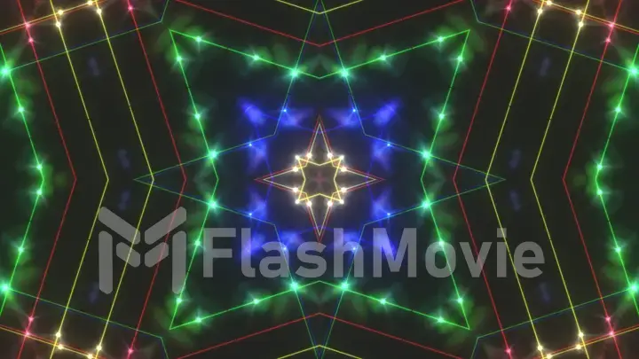 Abstract disco kaleidoscopes background with glowing neon colorful lines and geometric shapes for music videos, VJ, DJ, stage, LED screens, show, events, christmas videos, night clubs. 3d illustration