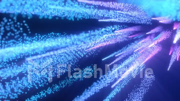 Neon particles of pink blue light in a chaotic motion. 3d illustration abstract motion background. Fluorescent ultraviolet light, laser neon lines