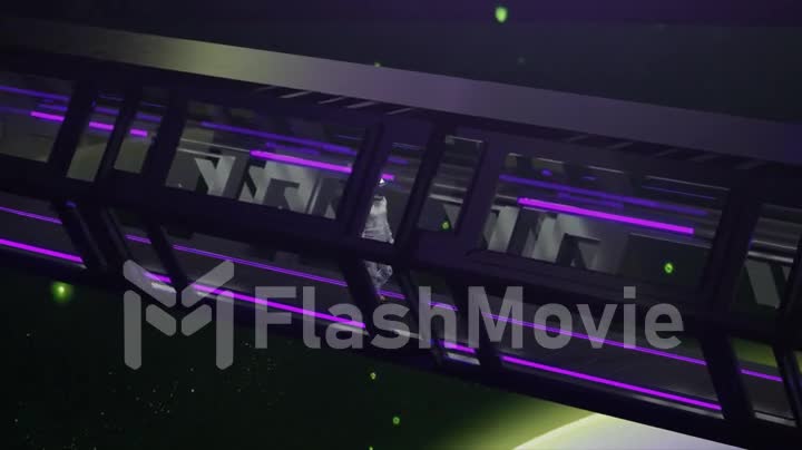 Technology and future concept. Alone astronaut walking in a futuristic sci-fi corridor. Purple neon light. 3d animation