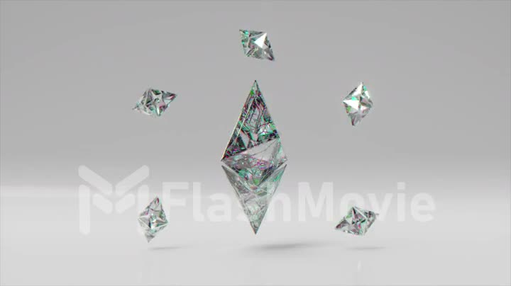 A large diamond Ethereum rotates surrounded by small Ethereums. Logo. Cryptocurrency. 3d animation of seamless loop