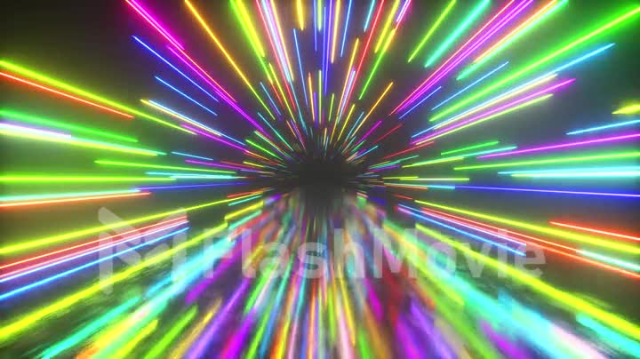 Flying in space with luminous neon lines. Hyperspace. Modern spectrum of light. Multicolored. Seamless loop 3d render