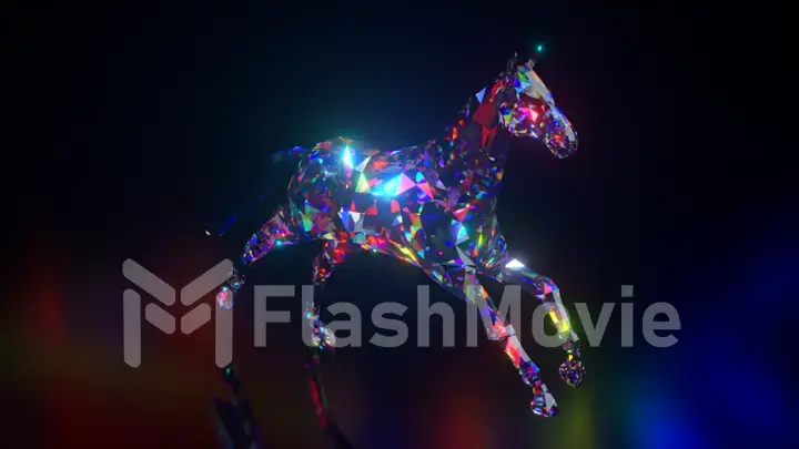 Collection of diamond animals. Running horse. Nature and animals concept. 3d animation of a seamless loop. Low poly