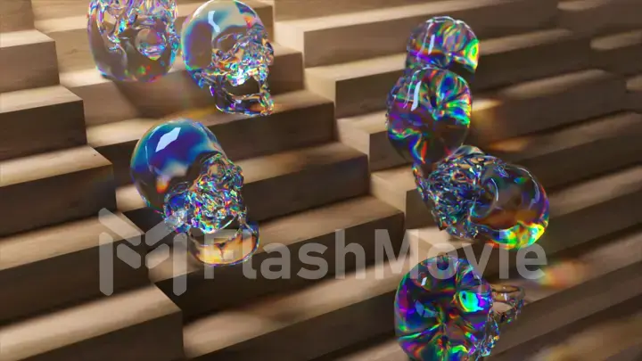 Abstract concept. The diamond skulls slide down the Light wood stairs. Rainbow. Transparent. 3d illustration