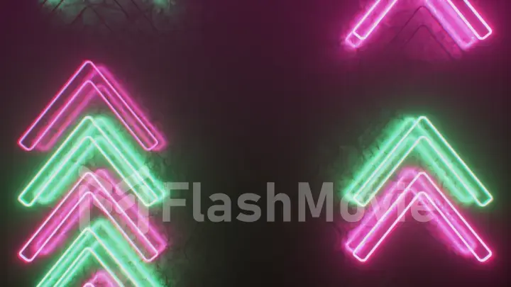 Bright neon arrows on a metal surface indicate the direction of movement. Abstract laser background. 3d illustration