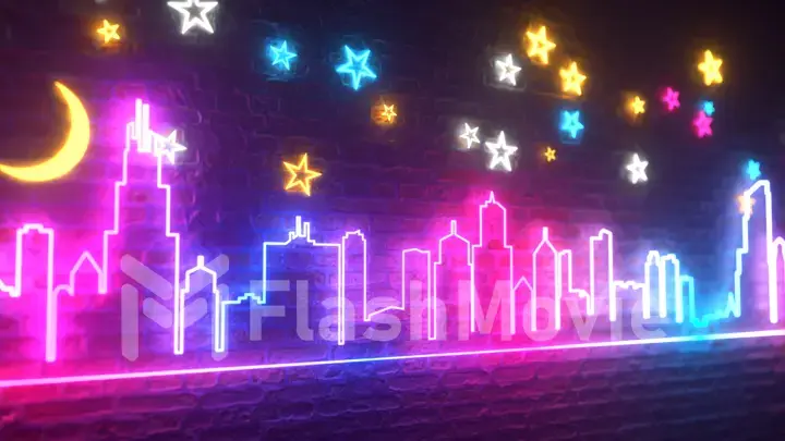 Shimmering neon night city against a brick wall with stars and the moon. Night city concept. 3d illustration