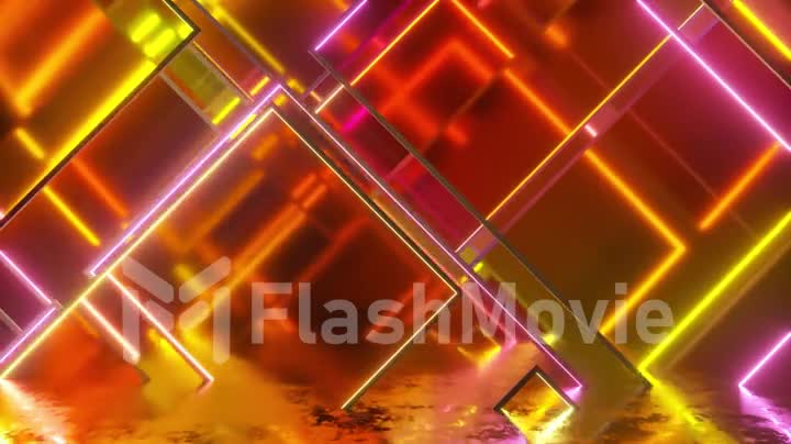 Movement of glass neon blocks. Modern orange light spectrum. Seamless loop 3d render