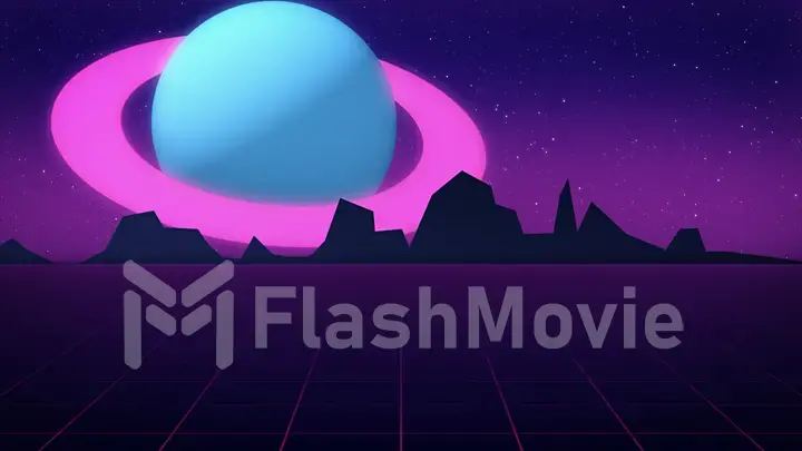 Retro futuristic background with planet Jupiter style of 1980s 3d illustration.