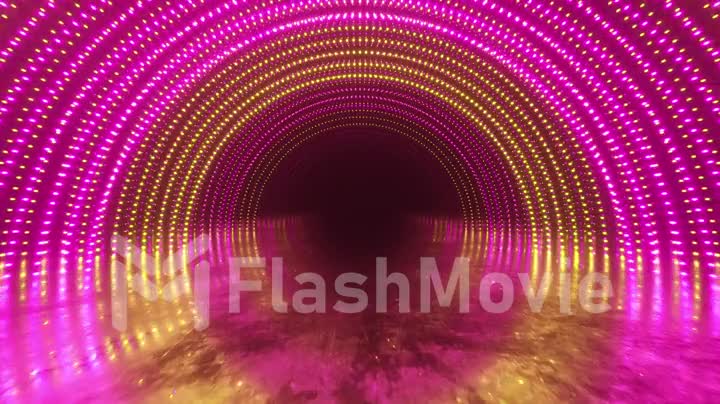 Abstrac motion background. Neon lights. Glowing dots spiral tunnel. Bright vibrant dots. laser illumination. Pink and yellow colors. Reflective metal scratched texture floor. Seamless loop 3d render
