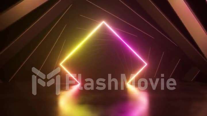 Futuristic background. The entrance to the tunnel is in the form of a neon pink yellow rhombus. Square frames rotate
