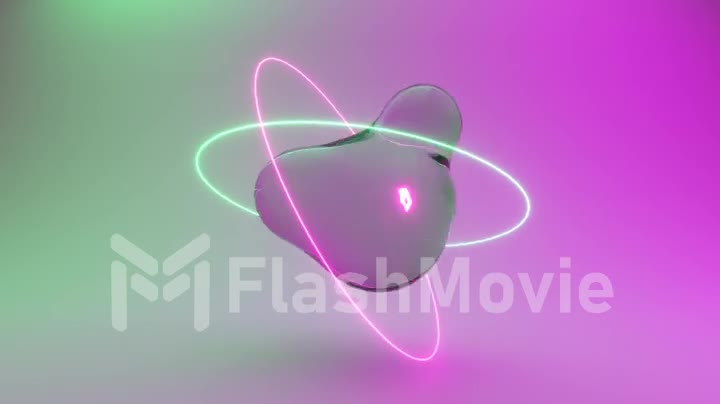 Abstract background with morphing water spheres illuminated by neon rings. 3d animation of seamless loop