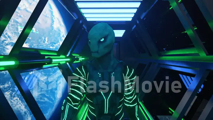 An alien walking on a spaceship close-up. Earth orbit. Neon clothes. Space suit. Neon illumination. 3d illustration