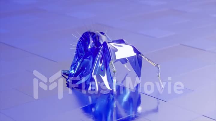 A diamond spider in a shiny robe walks across the glossy tiles. White blue color. 3d animation, seamless loop