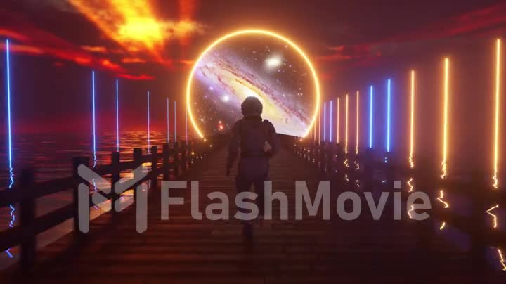 Astranaut runs along the endless wooden bridge across the ocean to his dream. Space circle with neon lighting ahead. 3D animation of seamless loop