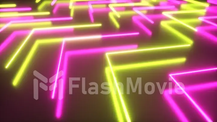 Flashing bright neon arrows light up and go out indicating the direction on the reflective floor. Abstract background, laser show. Ultraviolet neon yellow violet spectrum. 3d illustration