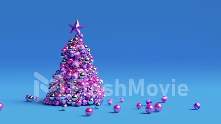A tree of Christmas balls is growing dynamically on a bright colorful blue background. 3d animation