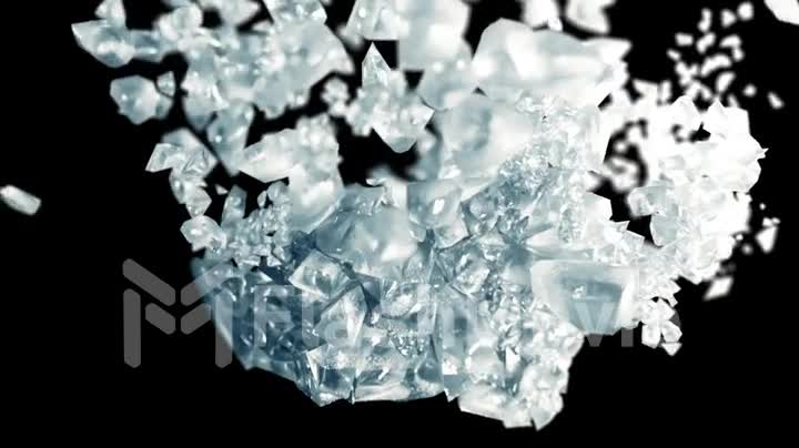 Ice cube explosion in slow motion cg 3d animation on black isolated background