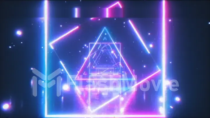 Abstract flight in space through glowing neon squares. Blue pink spectrum, fluorescent ultraviolet light. 3d illustration