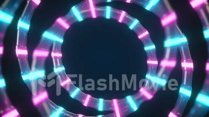 An abstract metallic structure with a neon glow spins in an endless loop. Modern ultraviolet blue pink light spectrum. 3d illustration