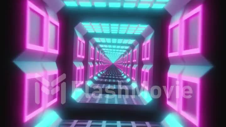 Flying through glowing spinning neon squares