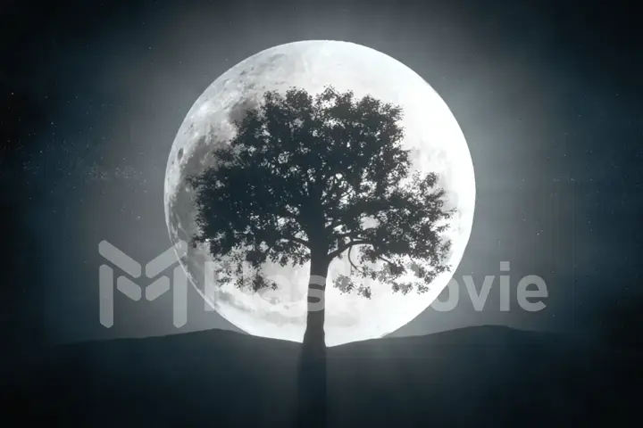 3d illustration of tree against the background of a full moon and a rotating universe around