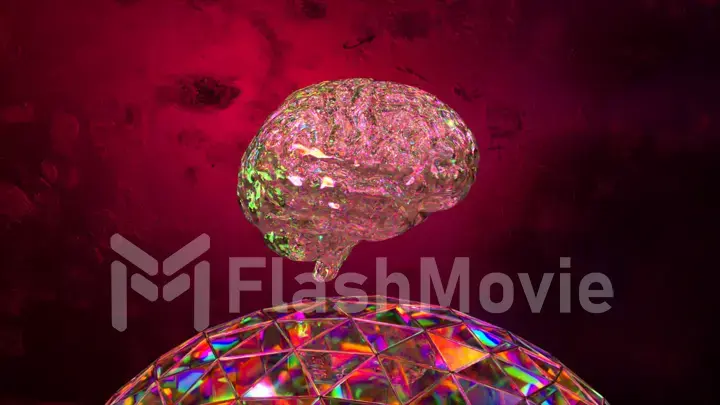 The diamond brain crumbles and spreads over the diamond sphere. Pink neon color. Liquid diamond.