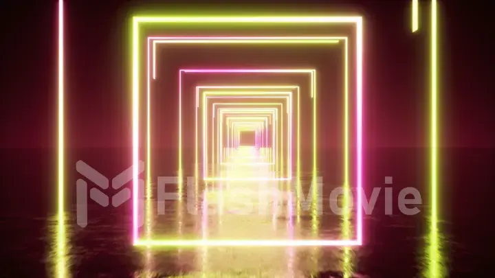 Abstract flight in space through glowing neon squares, fluorescent ultraviolet light. 3d illustration