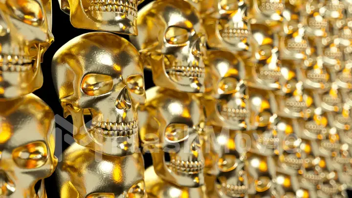 Wall of gold textured skulls. Horrible halloween concept. 3d illustration