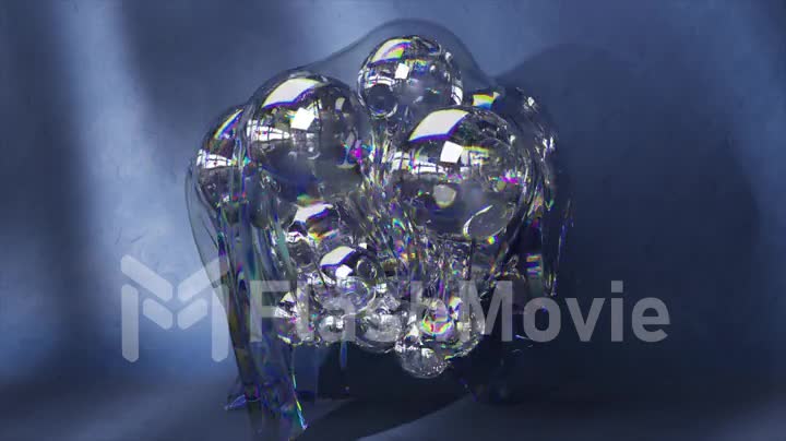 Shiny glass balls under a transparent cape zoom in and out against the blue wall. Repetitive movements. 3d animation