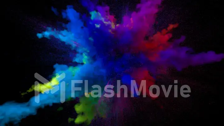 Explosion of colorful multicolored smoke and powder in slow motion against black background 3d illustration