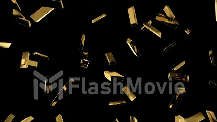 Falling gold bars in slow motion on black isolated background. 3d illustration