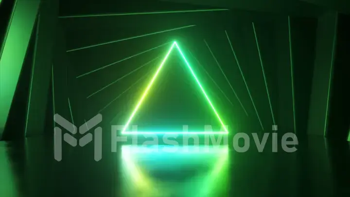 Neon green triangle on stage. Dark blue square frames rotate in the background to form a tunnel. 3d illustration