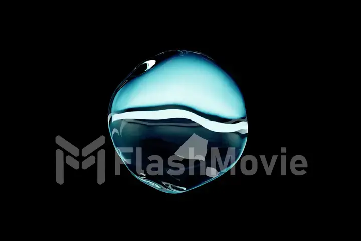 A crystal clear drop of water with a blue tint moves on an isolated black background. 3d illustration