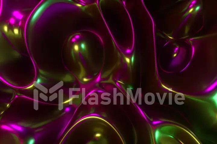 Abstract 3d illustration holographic oil surface background, foil wavy surface, wave and ripples, ultraviolet modern light, neon pink spectrum colors.