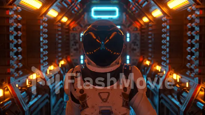 Astronaut walking in spaceship tunnel, sci-fi shuttle corridor. Futuristic abstract technology. Technology and future concept. Flashing light. 3d illustration