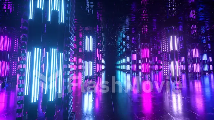 A long futuristic corridor with a technological interior. Neon light moving rapidly from the end of the tunnel. Sci fi room. Seamless loop 3d animation
