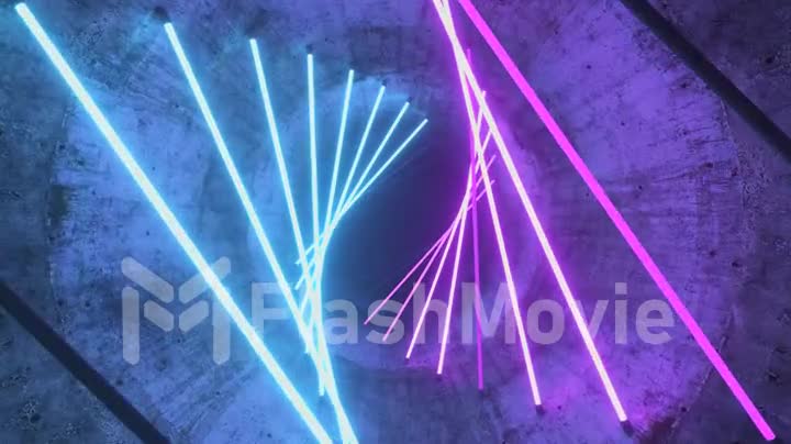 Flying in a concrete tunnel with neon lighting. Halogen lamps. Abstract background. Modern blue-violet light spectrum. 3d animation