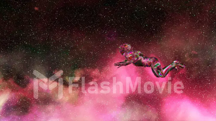 Abstract space concept. Pink neon color. Diamond astronaut floats against the background of the starry sky. Open space