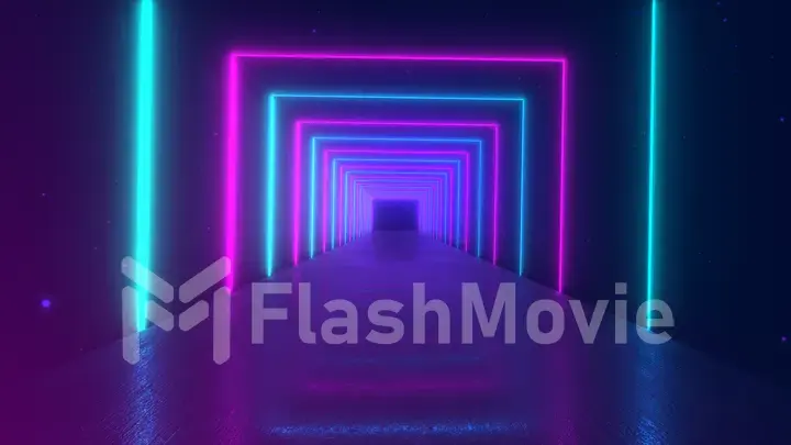 Abstract motion geometric background, glowing neon squares creating a rotating tunnel, blue pink purple spectrum, fluorescent ultraviolet light, modern colorful lighting, 3d illustration