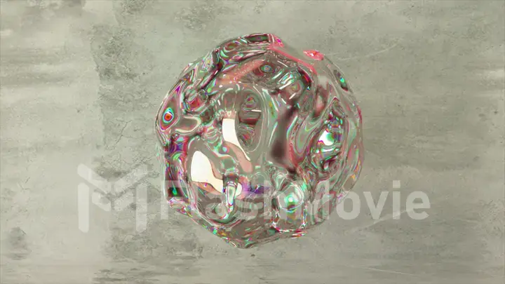 A liquid crystal ball floats against a gray concrete wall. Waves on the surface of a transparent sphere.