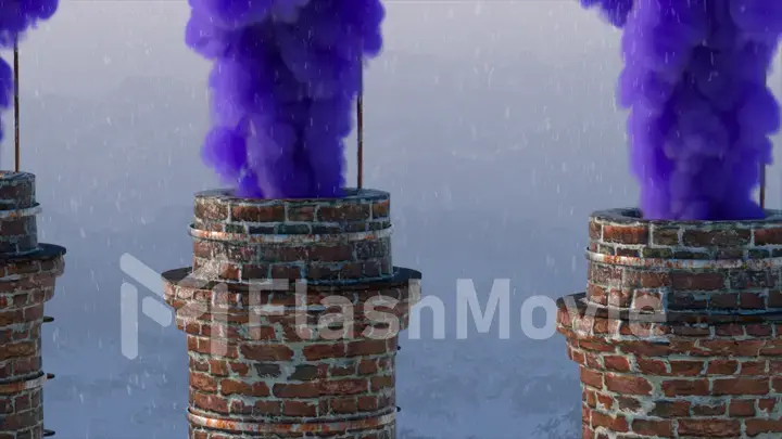 Brick chimney on the against the backdrop of a snowy mountain landscape. Colored smoke. Winter. 3d Illustration.