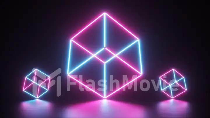 Abstract glowing neon lines creating a cube, blue red spectrum, fluorescent ultraviolet light, modern colorful lighting, 3d illustration