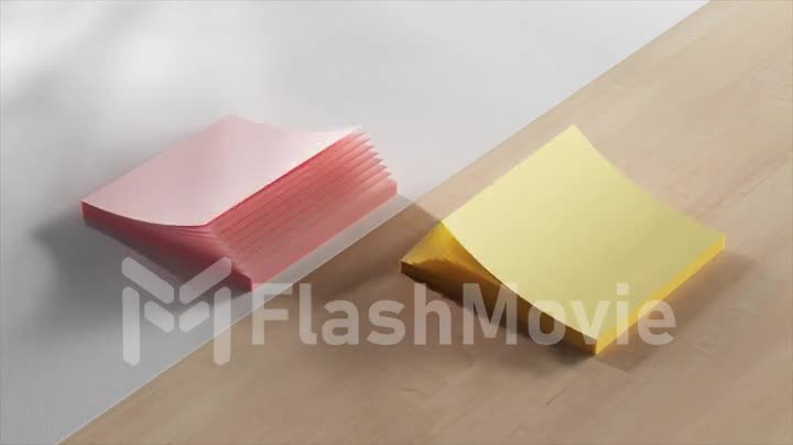 Packs of stickers on the office desk open and close like a fan. Red and yellow sticky notes. 3d animation. Loop.