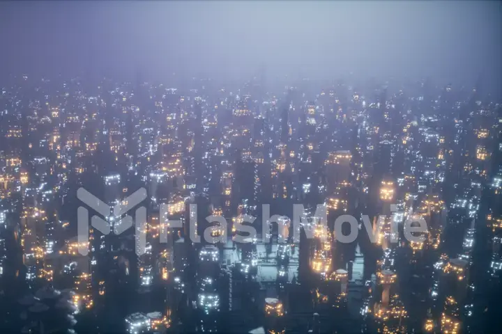 Futuristic city at night in the fog, the city of the future is covered with a grid of connections, the concept of information transfer 3d illustration