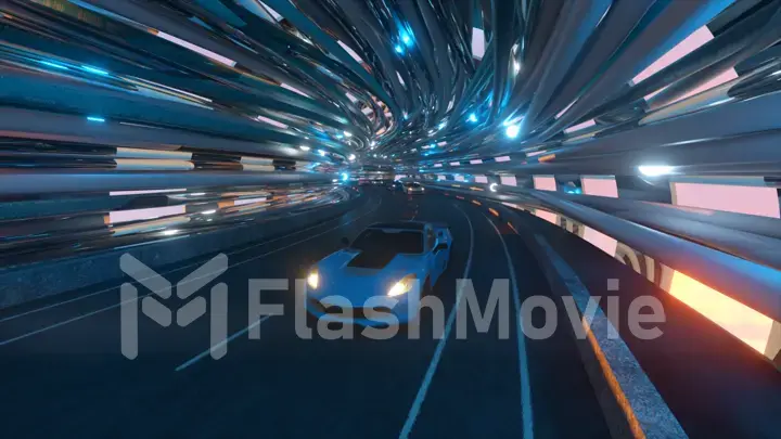 The movement of cars on a futuristic bridge with fiber optic. Future technologies concept. Business background. Pleasant natural light. 3d illustration