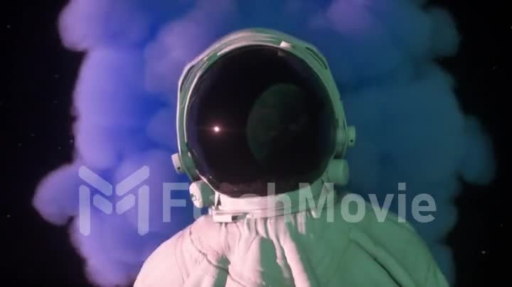 Explosion of colorful bright smoke enveloping the astronaut
