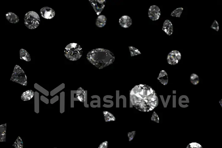 Falling shining diamonds 3d illustration on black isolated background