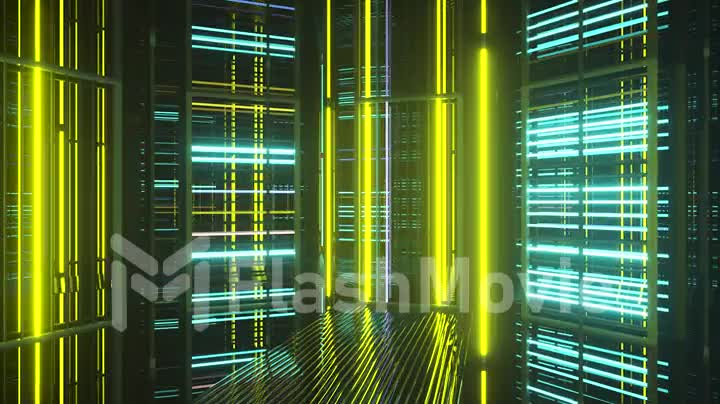 Bright neon lights in a metal room. Modern fluorescent light. Green yellow neon spectrum. 3d animation